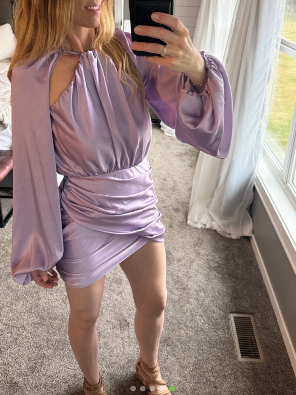 House of CB Lilac Satin Ruched Cutout Mini Dress Balloon Sleeve Date Night Small - Picture 5 of 10
